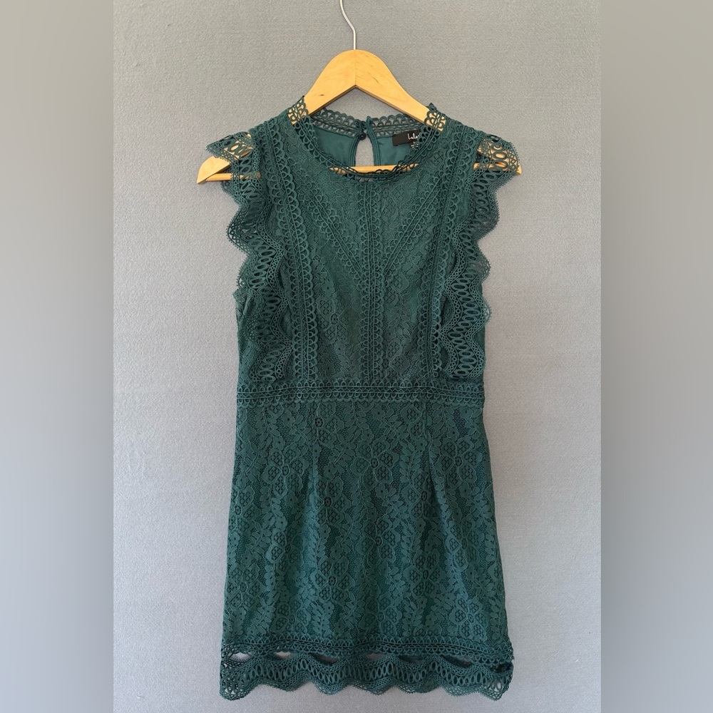 Lulus Dark green Lace Mock Neck Mini Dress Small - Picture 11 of 15
